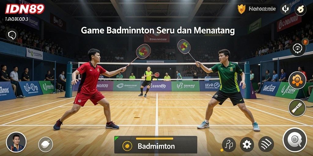 Tampilan antarmuka IDN89 dengan karakter bermain badminton.