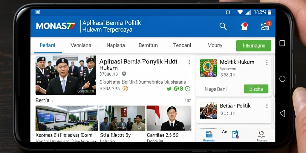 Antarmuka aplikasi MONAS77 dengan berita politik hukum terbaru.